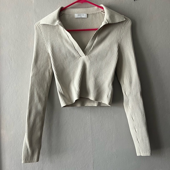 Aritzia Babaton Sculpt Knit Long Sleeve Off White Polo Size Small - Picture 2 of 7